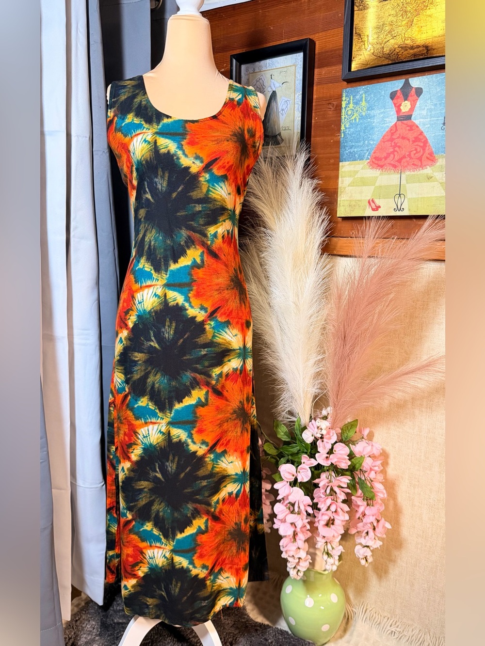 Vintage 100% Rayon Hand Wash Tie Dye Vibrant Orange Red Top Dress